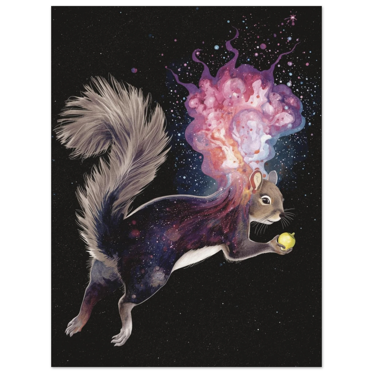 Magisk illustration av ekorre med stjärnhimmel och färgstarka kosmiska gasmoln