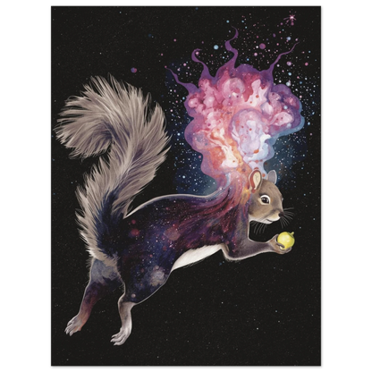 Magisk illustration av ekorre med stjärnhimmel och färgstarka kosmiska gasmoln