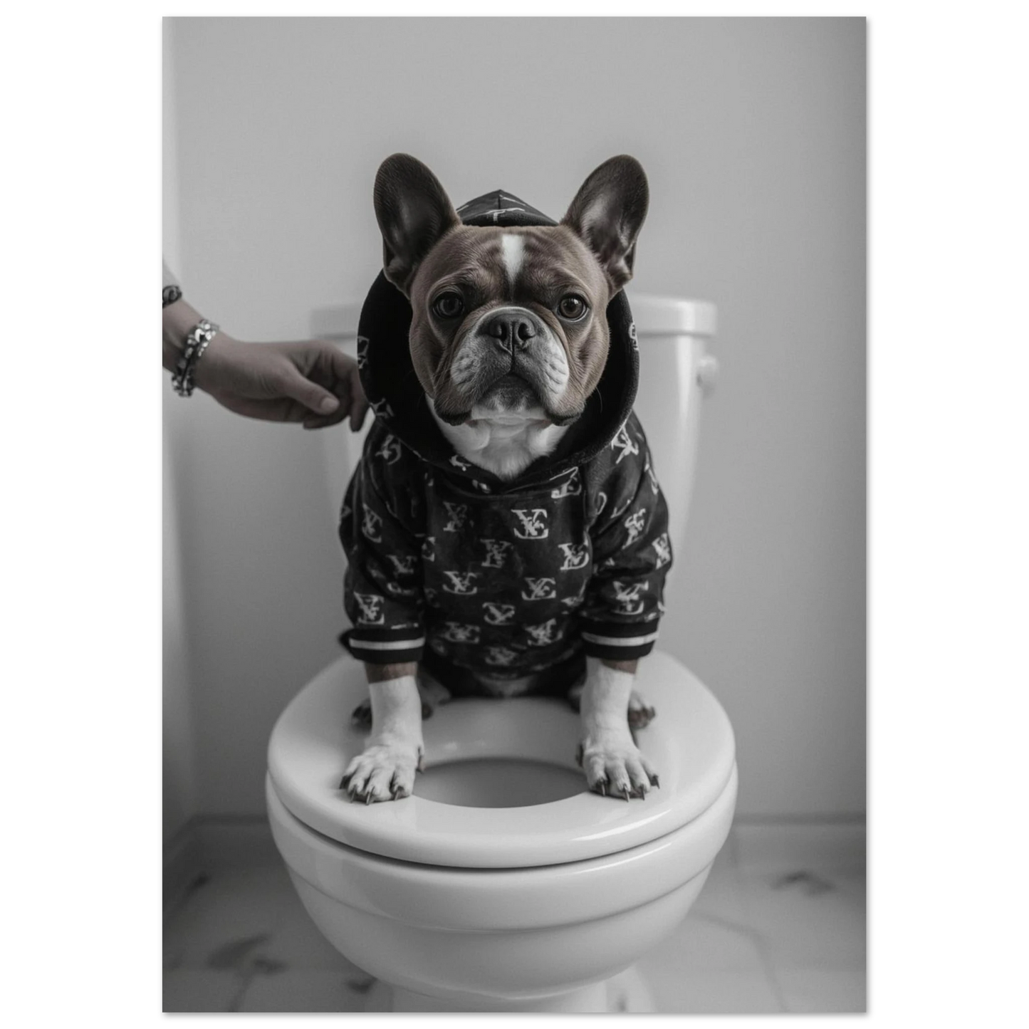 Kaxig fransk bulldog med svartvit mönstrad tröja i badrumsmiljö – modern poster