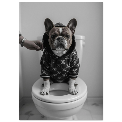 Kaxig fransk bulldog med svartvit mönstrad tröja i badrumsmiljö – modern poster