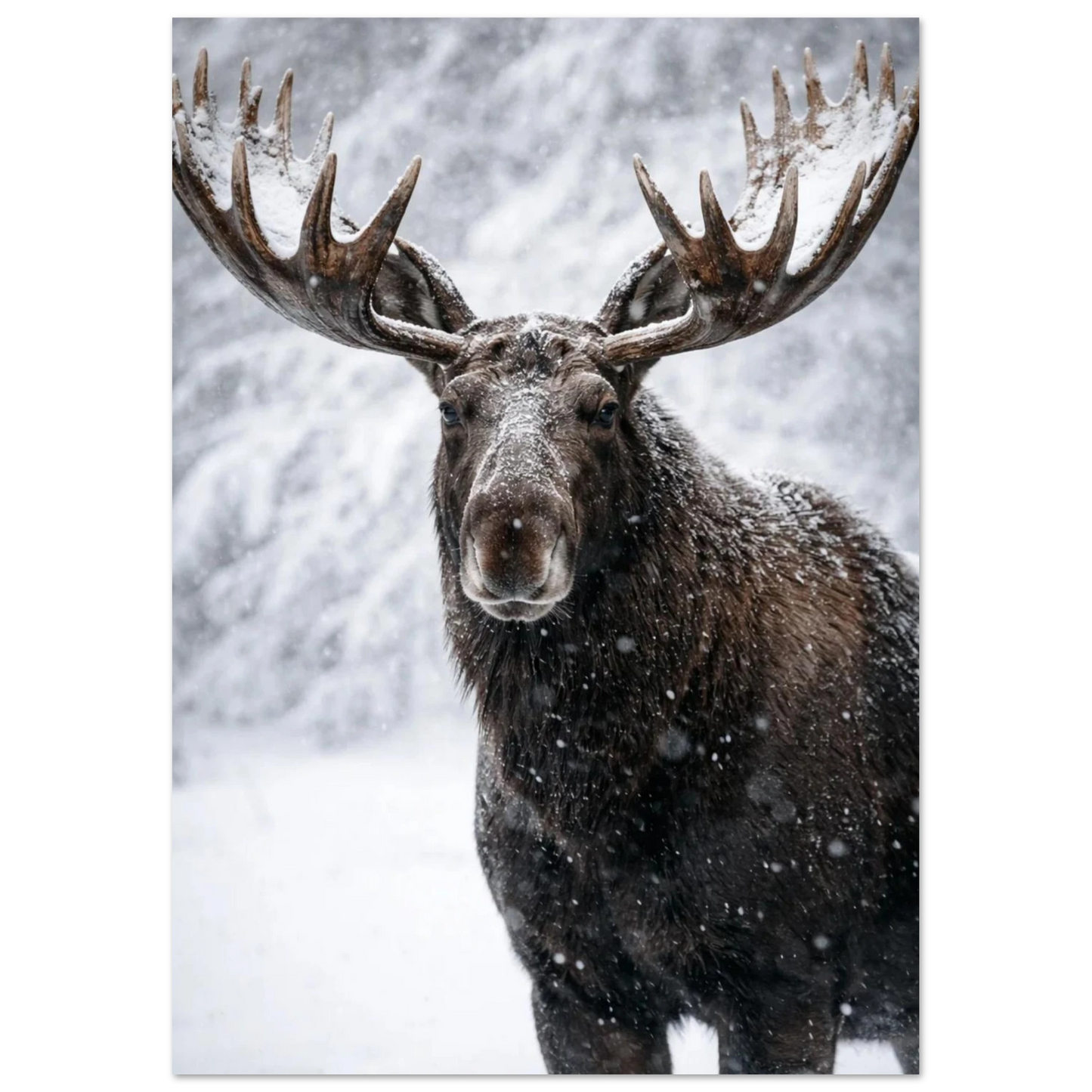 Vintermotiv med en älg i närbild – fotorealistisk poster