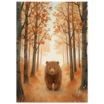 Konstnärlig illustration av en björn bland höstlöv och björkar