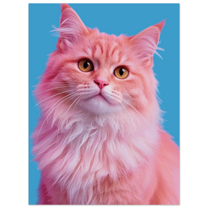 Närbild på rosa kattmotiv med gula ögon och blå bakgrund