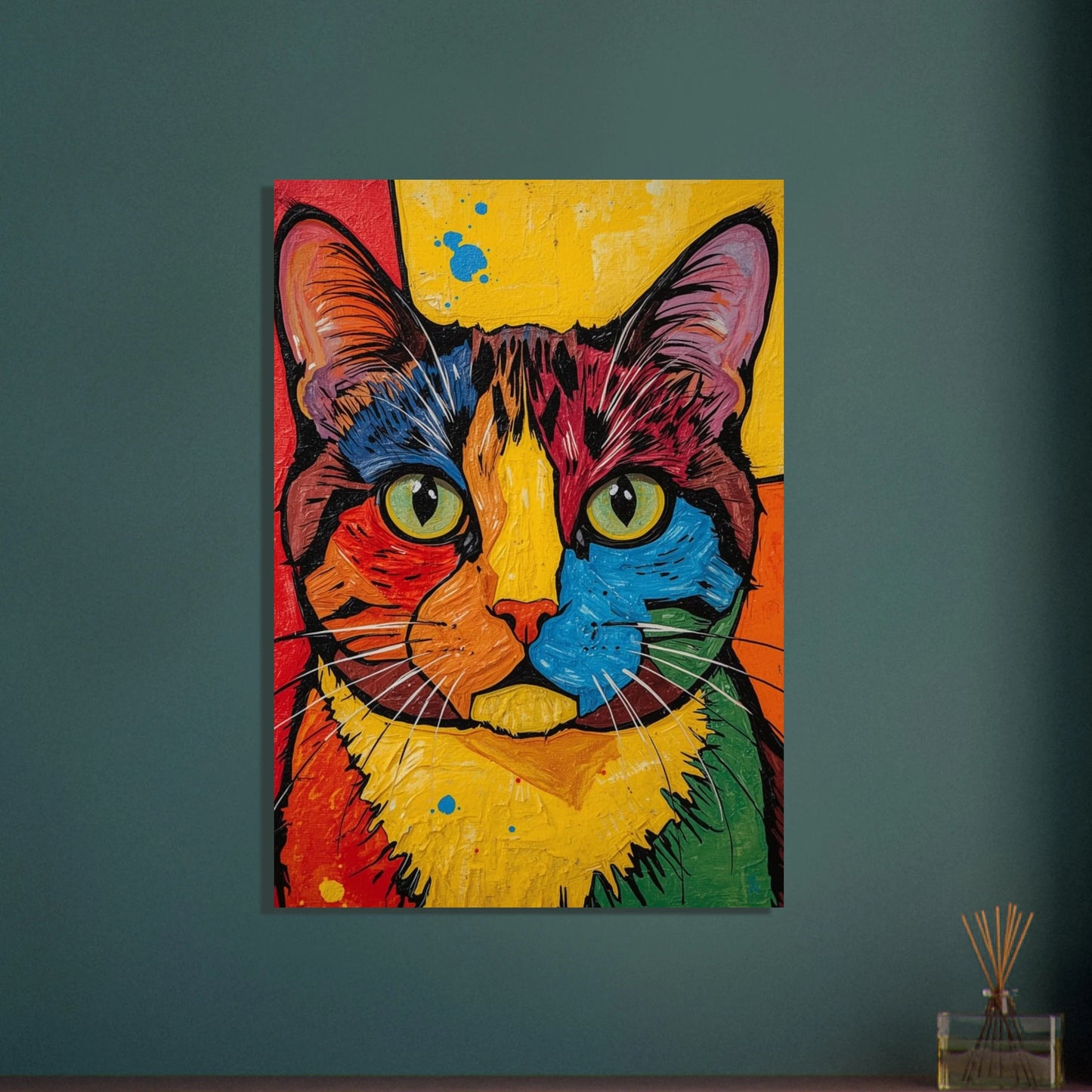 Färgstark katt i popkonststil, livfulla penseldrag, uttrycksfulla ögon