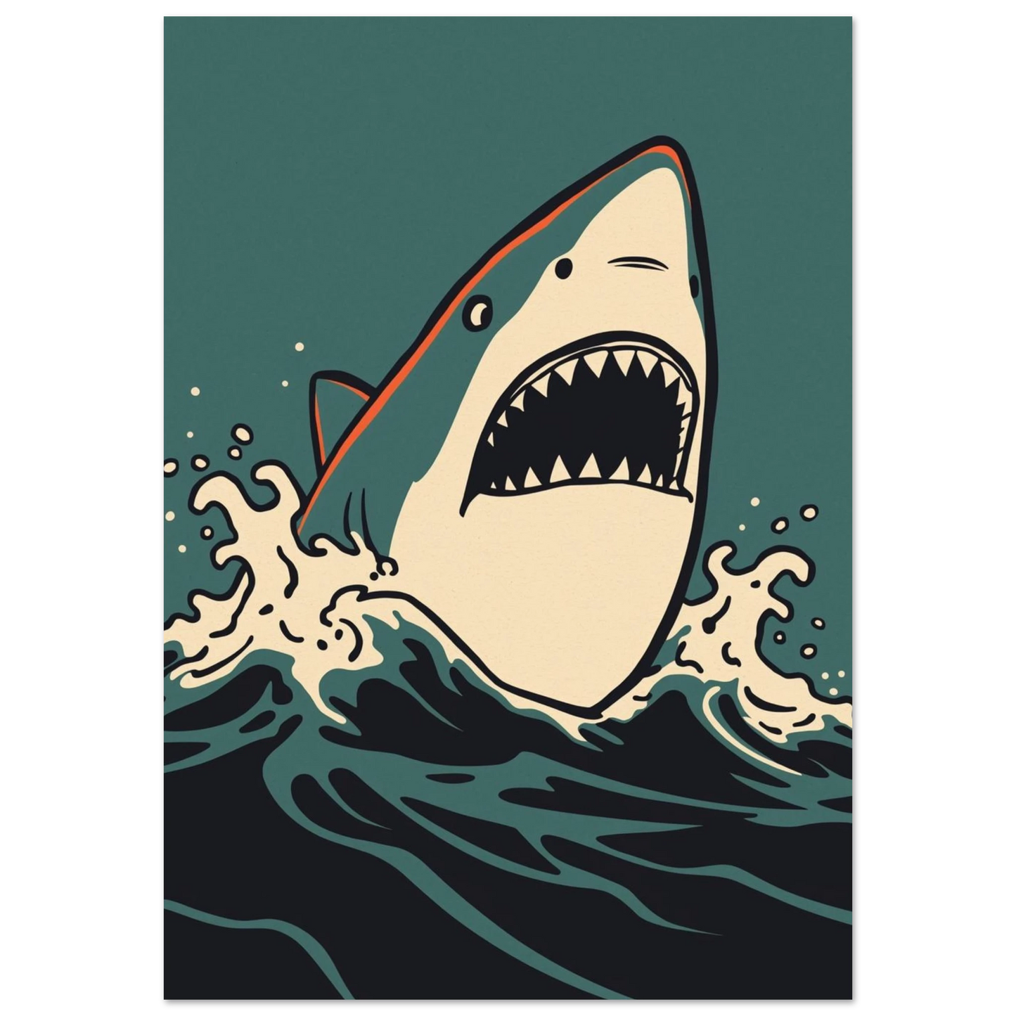 Vithaj som hoppar ur mörkt vatten – grafisk poster i retrostil