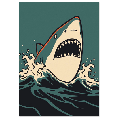 Vithaj som hoppar ur mörkt vatten – grafisk poster i retrostil
