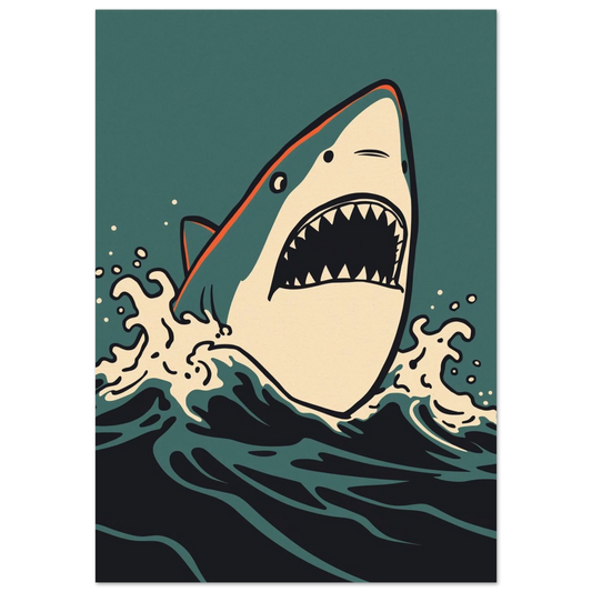 Vithaj som hoppar ur mörkt vatten – grafisk poster i retrostil