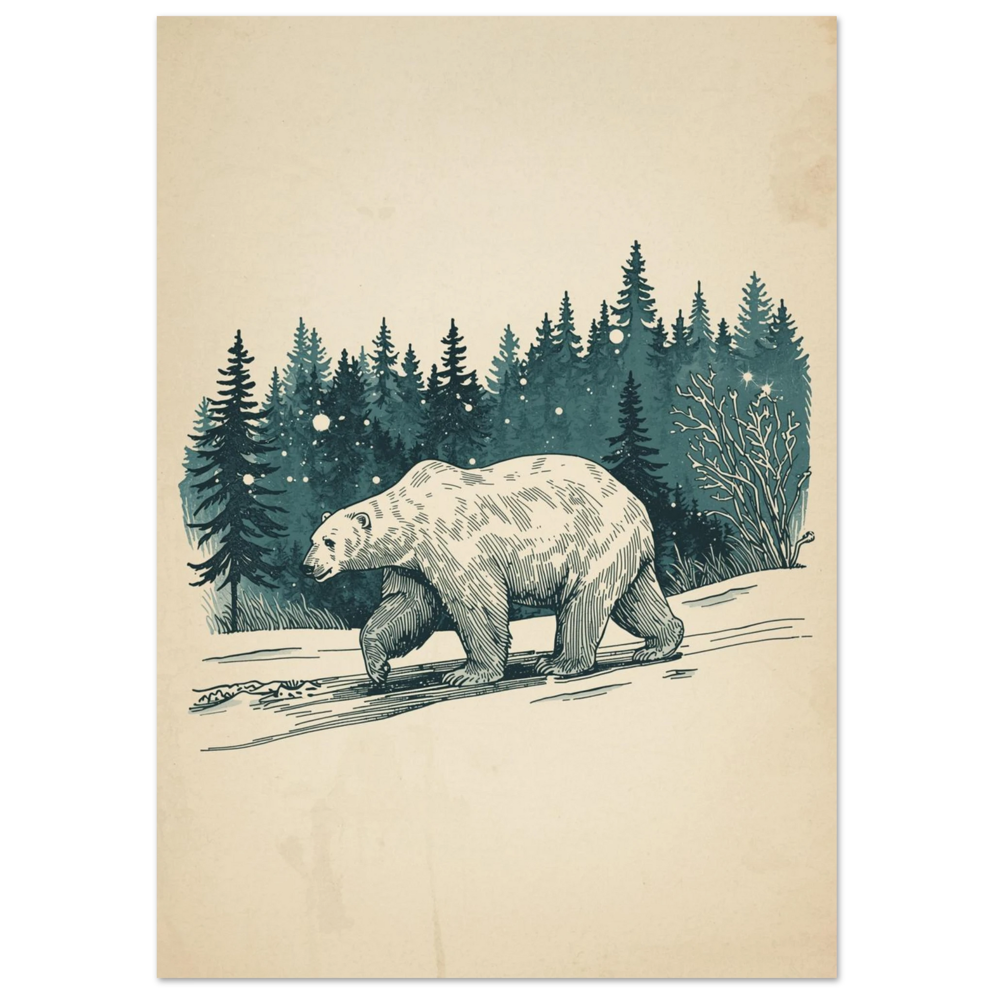Arktisk isbjörnsposter med midnattsblå granar och fallande snöflingor i retrostil