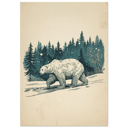 Arktisk isbjörnsposter med midnattsblå granar och fallande snöflingor i retrostil