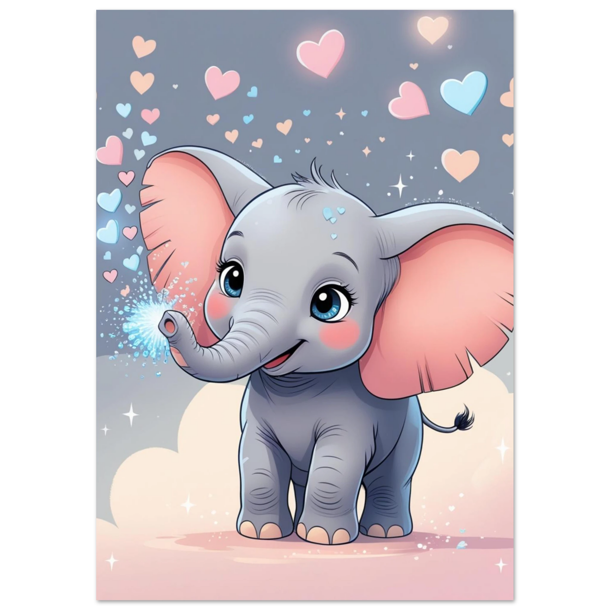 Digital illustration av en glad baby-elefant omgiven av magiska gnistor