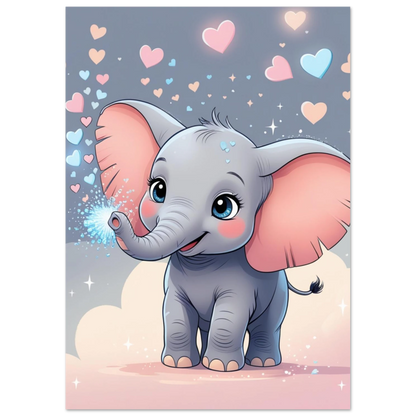 Digital illustration av en glad baby-elefant omgiven av magiska gnistor
