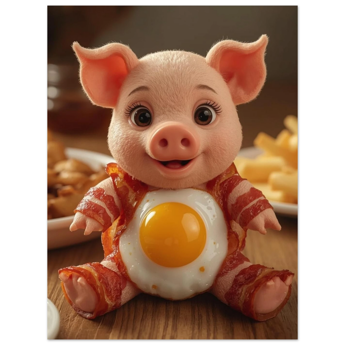 Närbild på en glad grisfigur av bacon och äggula, kökskonst