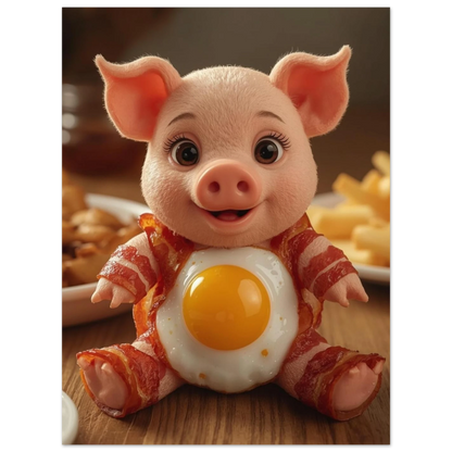 Närbild på en glad grisfigur av bacon och äggula, kökskonst
