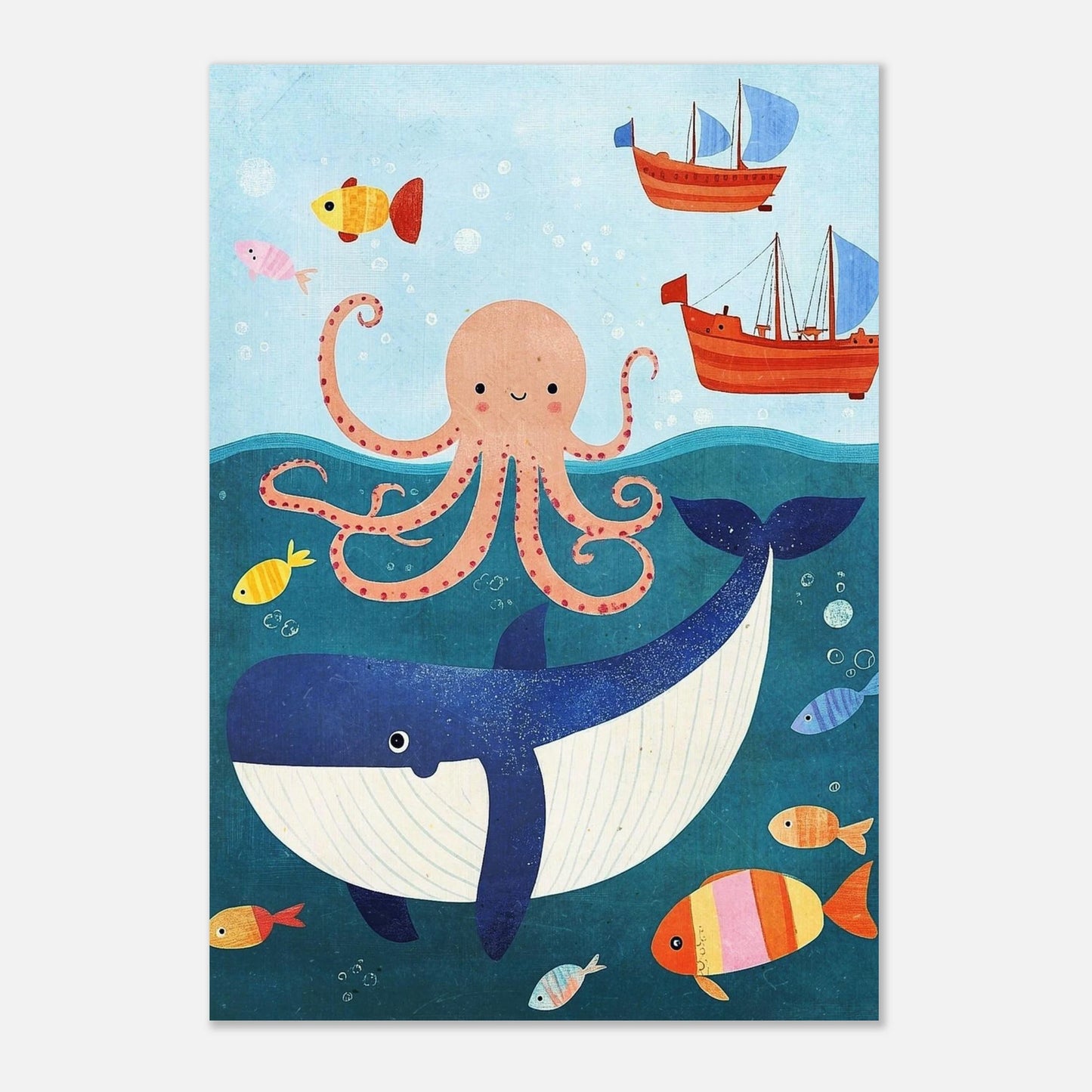 Söt djurposter med havets djur i mjuk akvarelliknande illustrationsstil