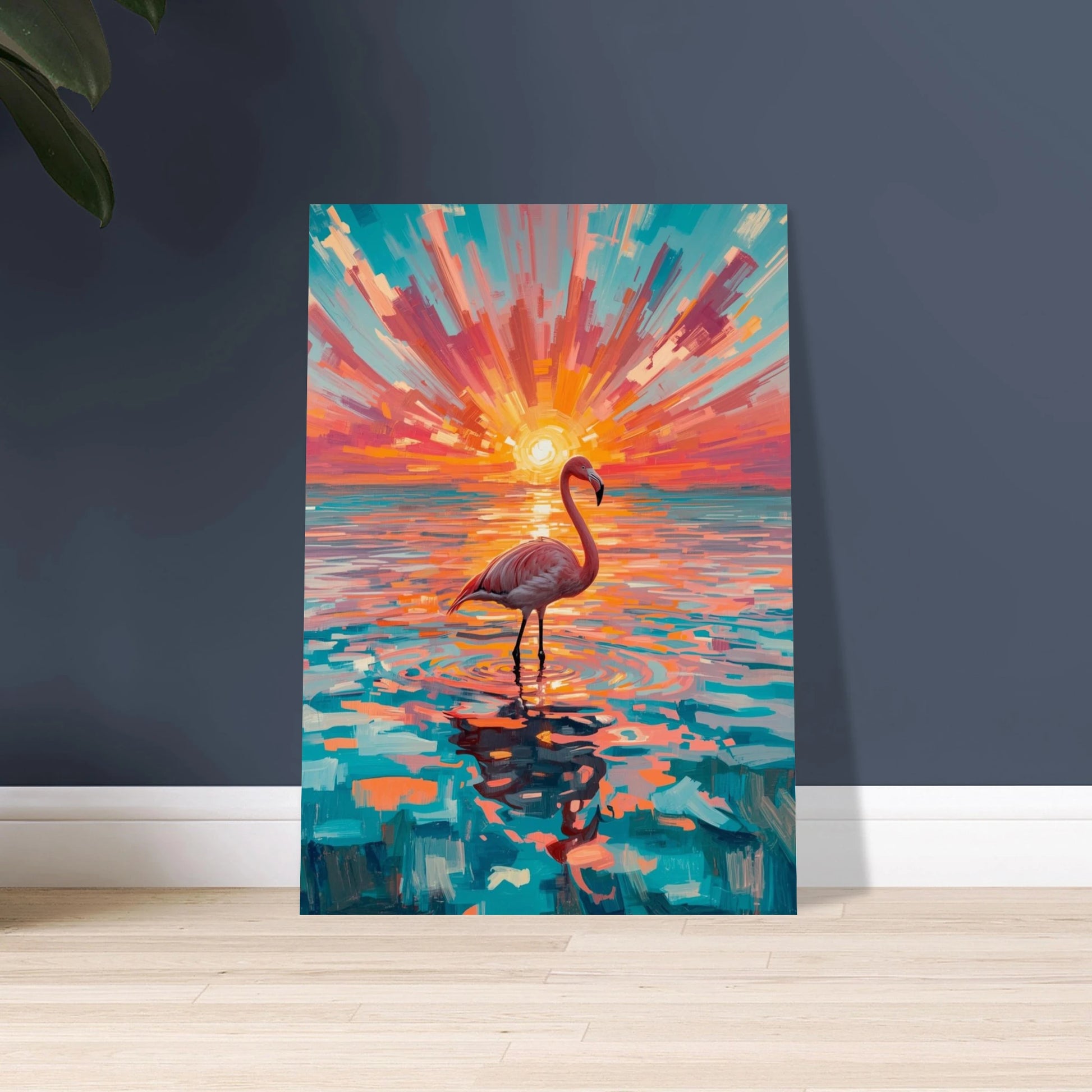 Flamingo i grunt vatten vid solnedgång, konstnärlig och färgstark målning.
