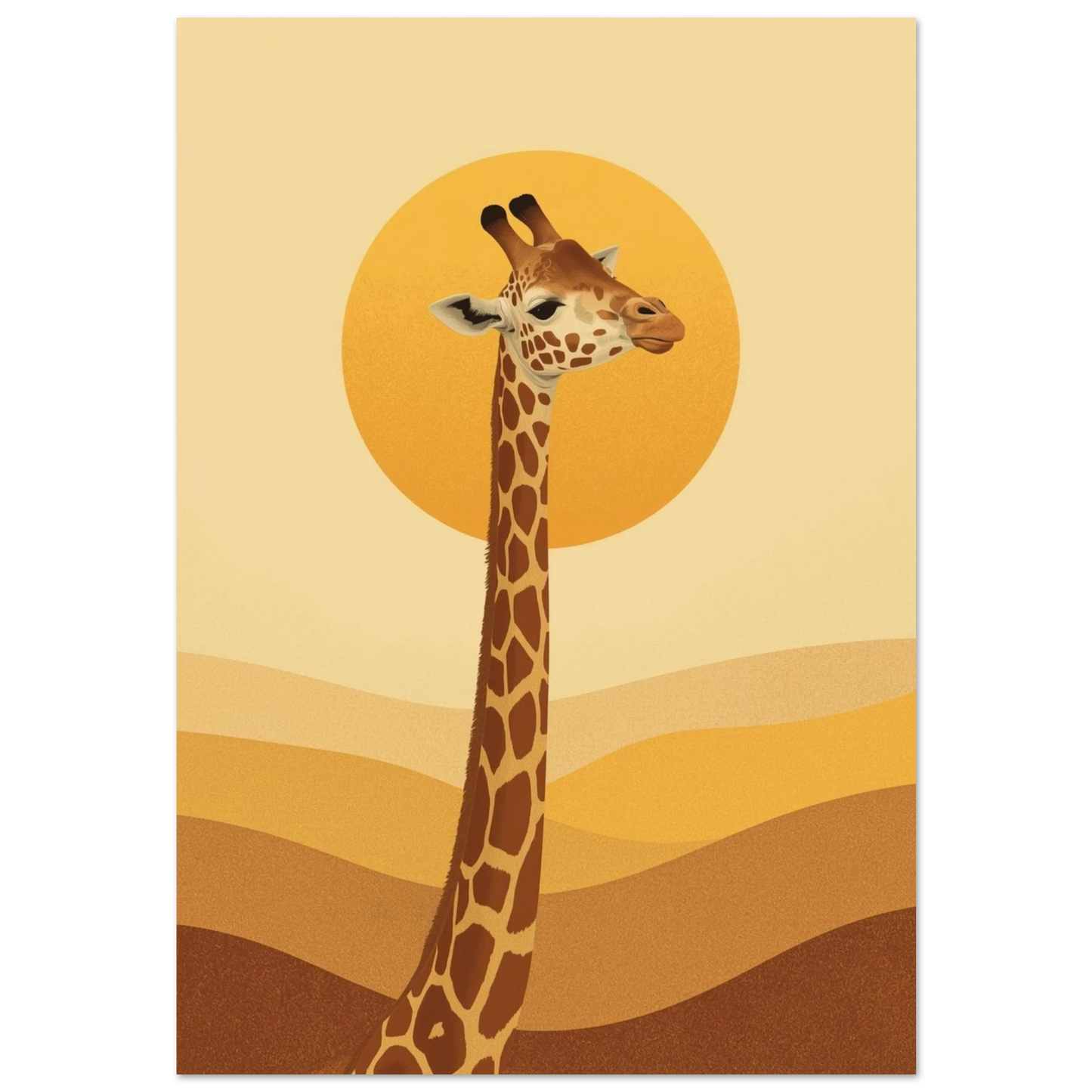 Stiliserad giraff mot stor gul sol i varmt savannlandskap, djurposter
