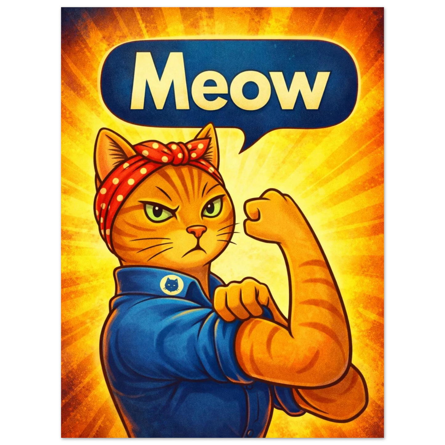 Närbild av samma "Meow Power"-kattposter som visar detaljer i teckningen – retro tecknad poster