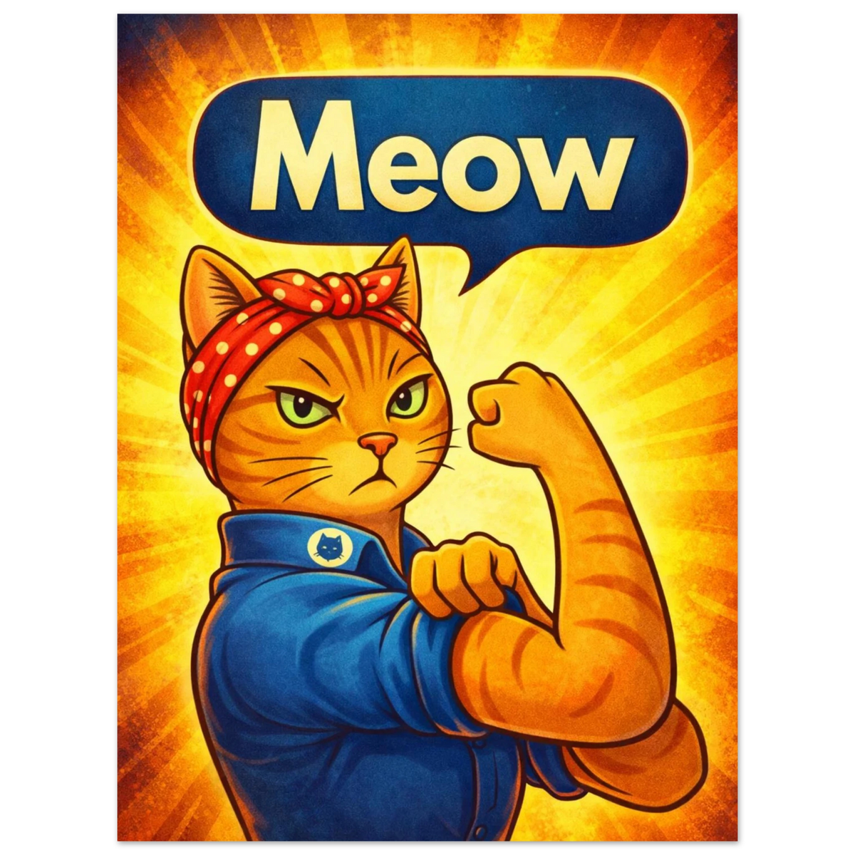 Närbild av samma "Meow Power"-kattposter som visar detaljer i teckningen – retro tecknad poster