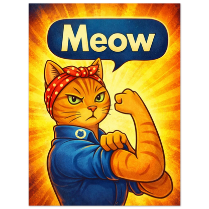 Närbild av samma "Meow Power"-kattposter som visar detaljer i teckningen – retro tecknad poster