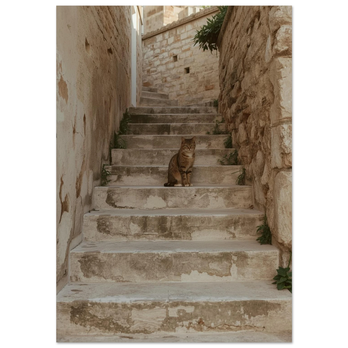 Tabbykatt på beige stentrappa i en smal medelhavsgränd, rustik fotokonst