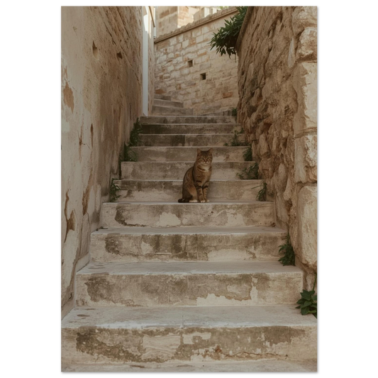 Tabbykatt på beige stentrappa i en smal medelhavsgränd, rustik fotokonst