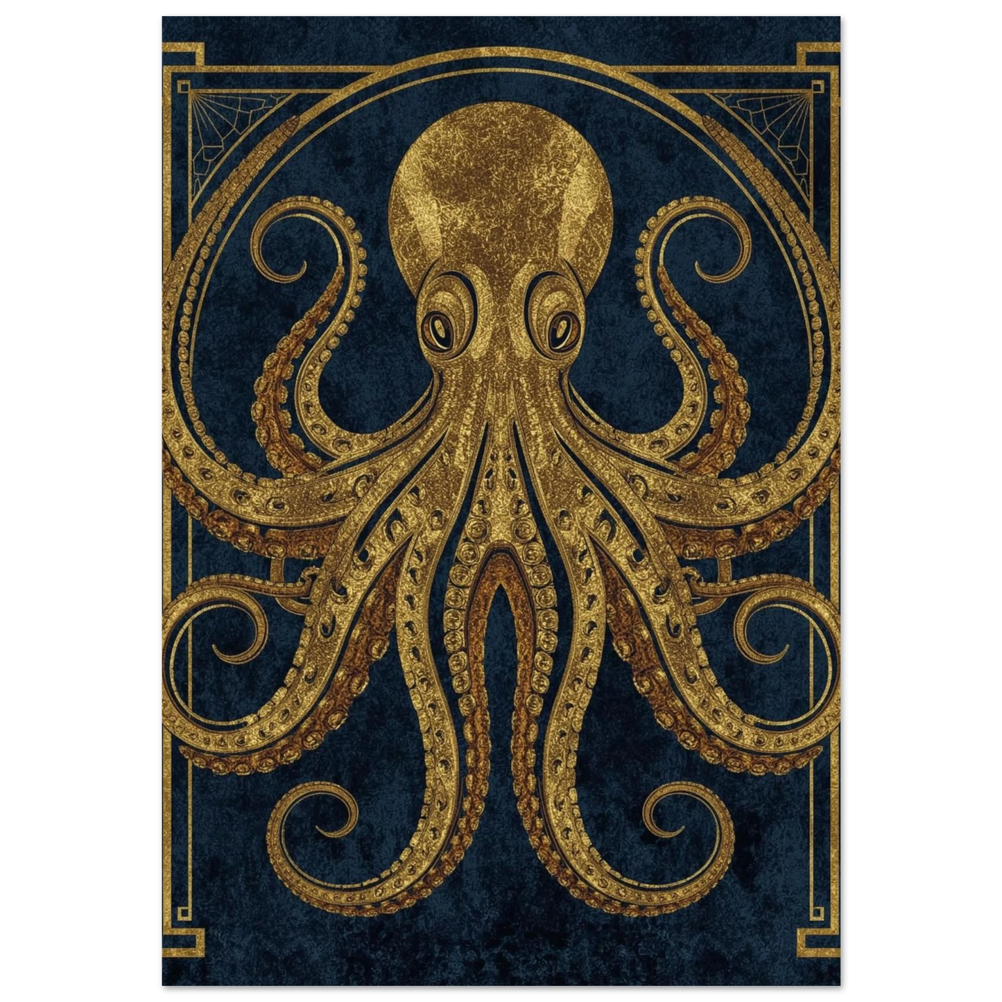 Gyllene bläckfisk i Art Deco-stil mot mörk marinblå bakgrund