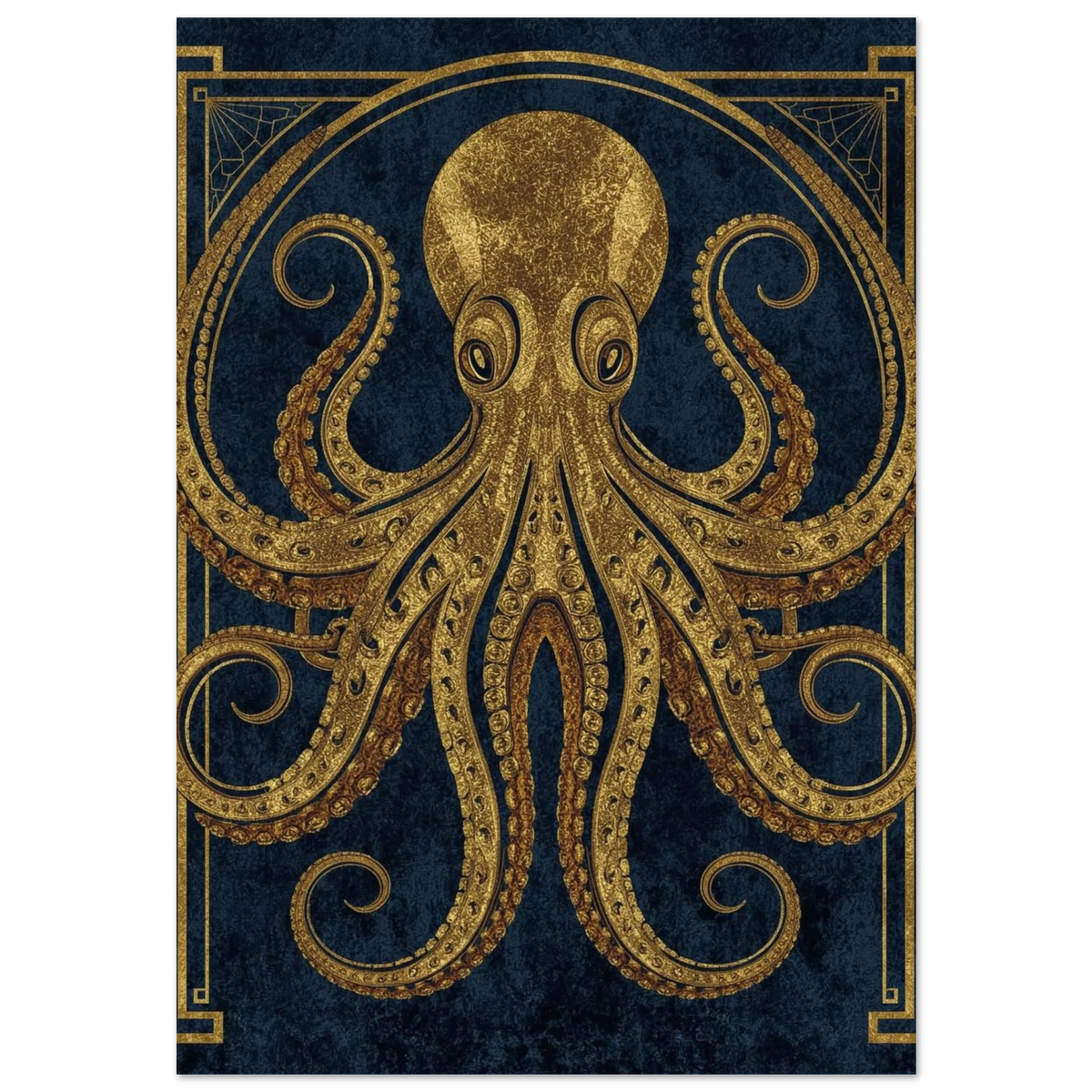 Gyllene bläckfisk i Art Deco-stil mot mörk marinblå bakgrund