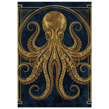Gyllene bläckfisk i Art Deco-stil mot mörk marinblå bakgrund
