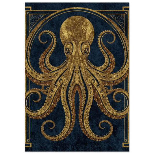 Gyllene bläckfisk i Art Deco-stil mot mörk marinblå bakgrund