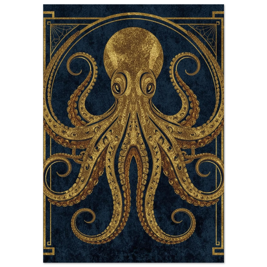 Gyllene bläckfisk i Art Deco-stil mot mörk marinblå bakgrund