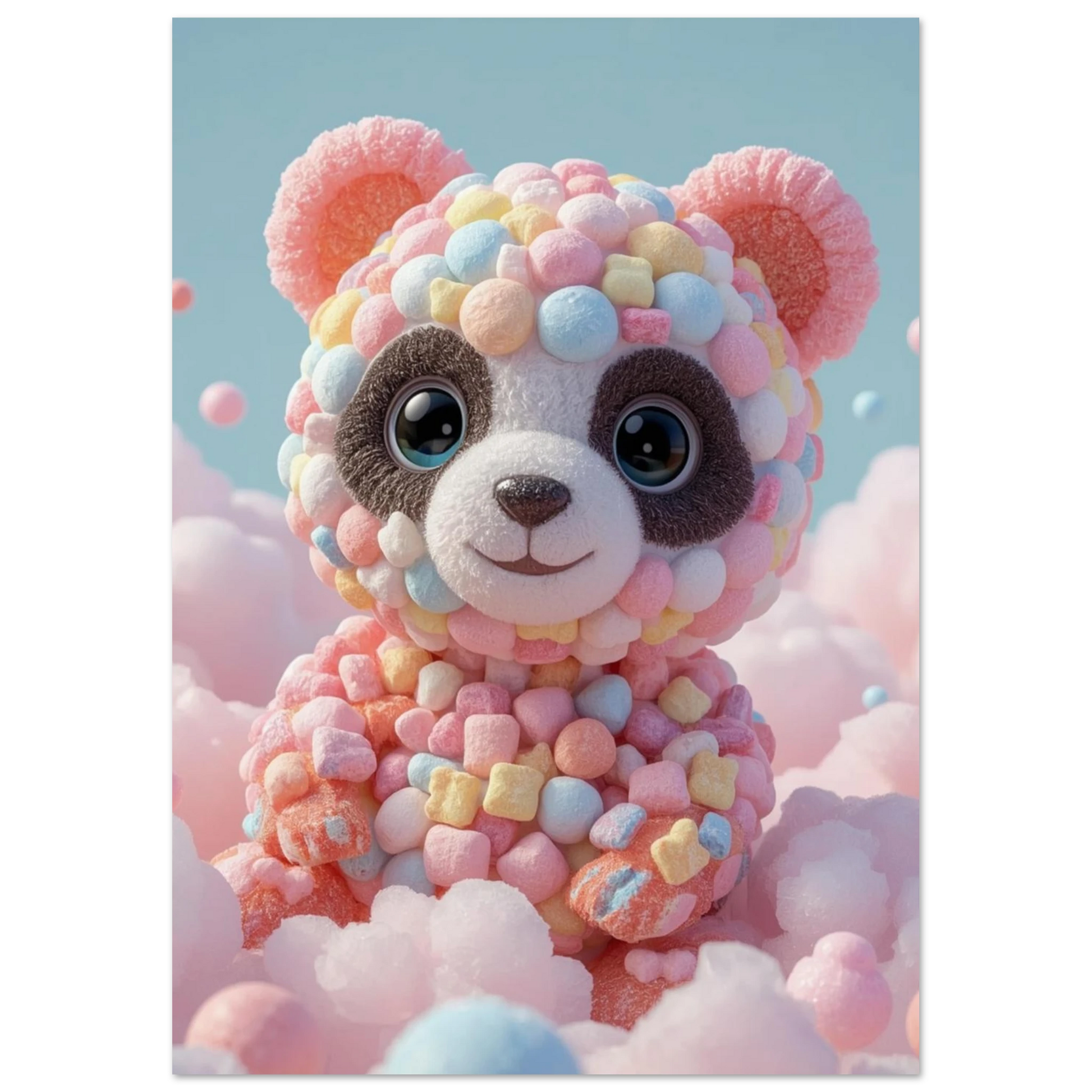 Fantasifull panda av mjuka marshmallows mot blå himmel – unik djurposter