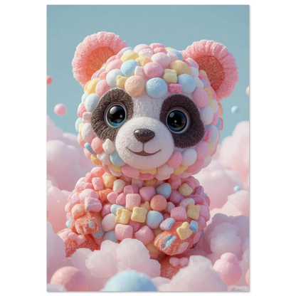 Fantasifull panda av mjuka marshmallows mot blå himmel – unik djurposter