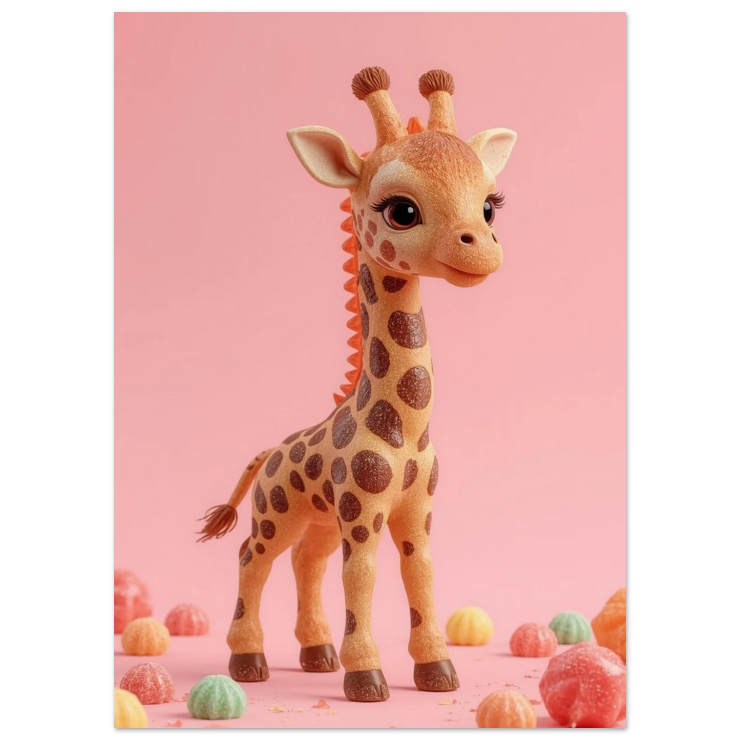 Närbild på girafffigur med stora ögon och godisdetaljer, rosa bakgrund