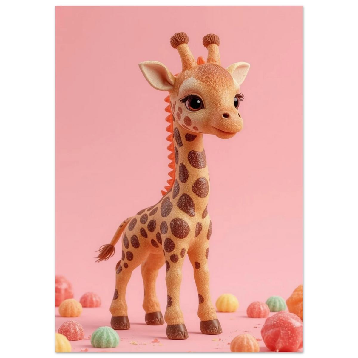 Närbild på girafffigur med stora ögon och godisdetaljer, rosa bakgrund