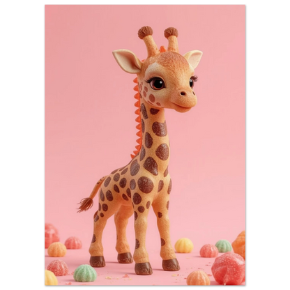 Närbild på girafffigur med stora ögon och godisdetaljer, rosa bakgrund