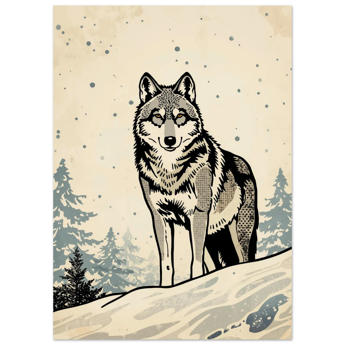 Stiliserad vargposter i nordisk vintermiljö med granar och snöflingor