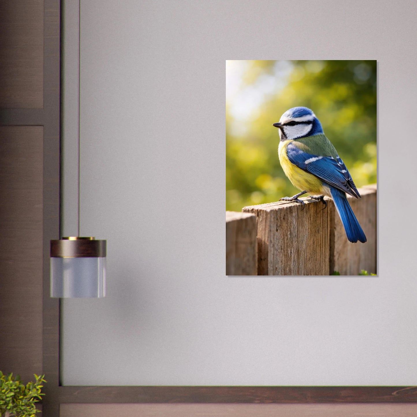 Blåmes poster monterad på vägg ovanför mörkt träbord med lampa – Fotorealistisk poster