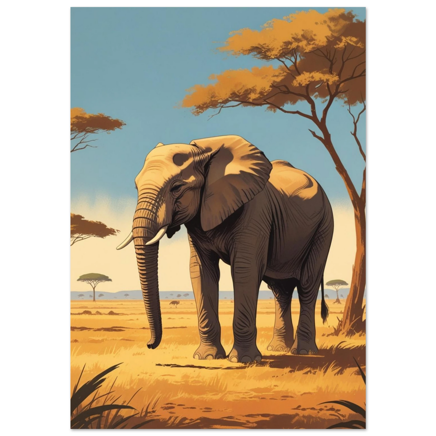 Afrikansk elefant på solig savann med akaciaträd – retroillustration