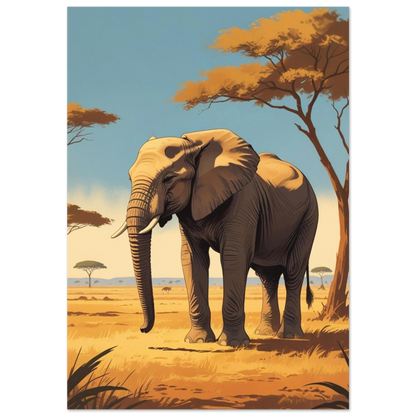 Afrikansk elefant på solig savann med akaciaträd – retroillustration