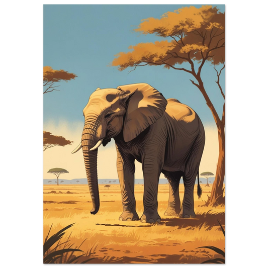 Afrikansk elefant på solig savann med akaciaträd – retroillustration