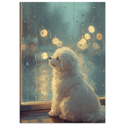 Sittande liten vit hund som tittar ut i regnet, tavla