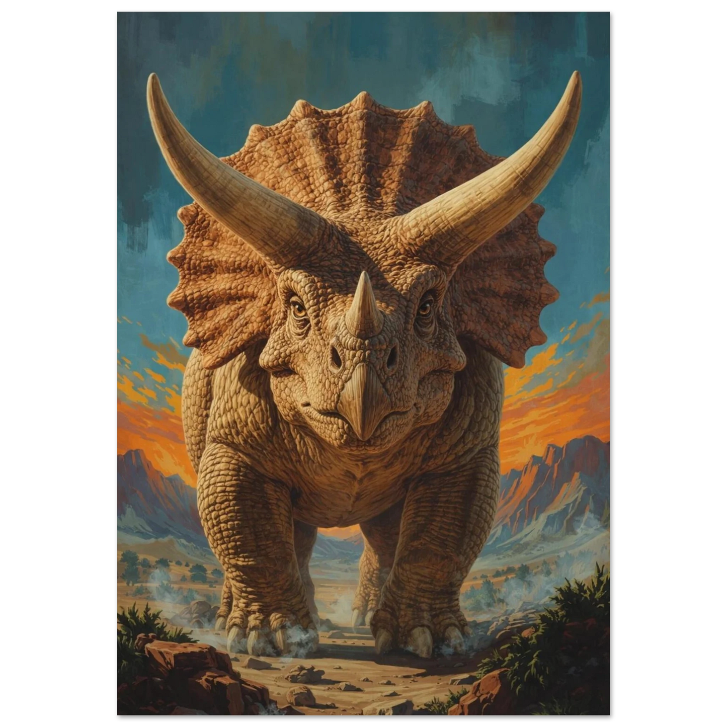 Triceratops framifrån i retrostil med solnedgång i bakgrunden – Retro poster