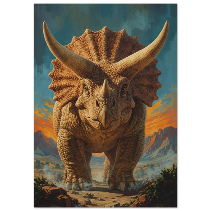 Triceratops framifrån i retrostil med solnedgång i bakgrunden – Retro poster