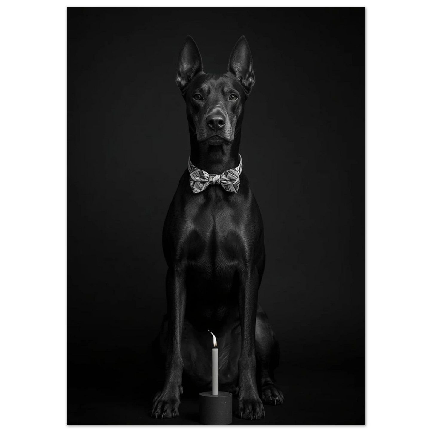 Elegant hundposter med dobermann i fluga och minimalistisk ljusstake