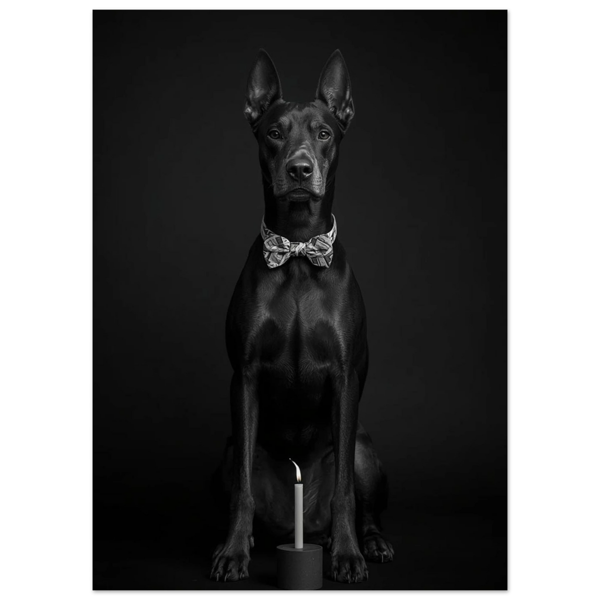 Elegant hundposter med dobermann i fluga och minimalistisk ljusstake