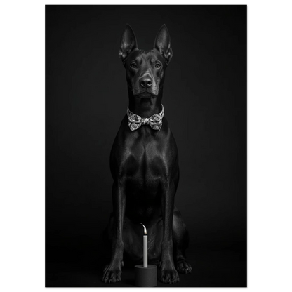 Elegant hundposter med dobermann i fluga och minimalistisk ljusstake