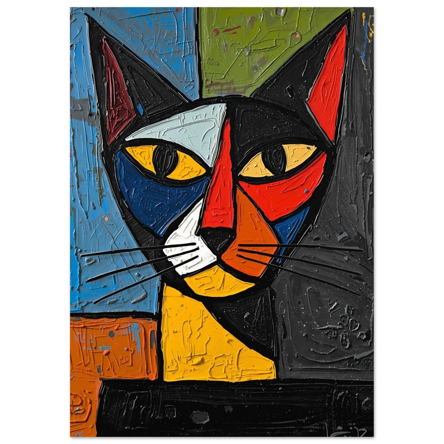 Modern djurposter föreställande en katt i Picassostil med kraftig textur och impasto