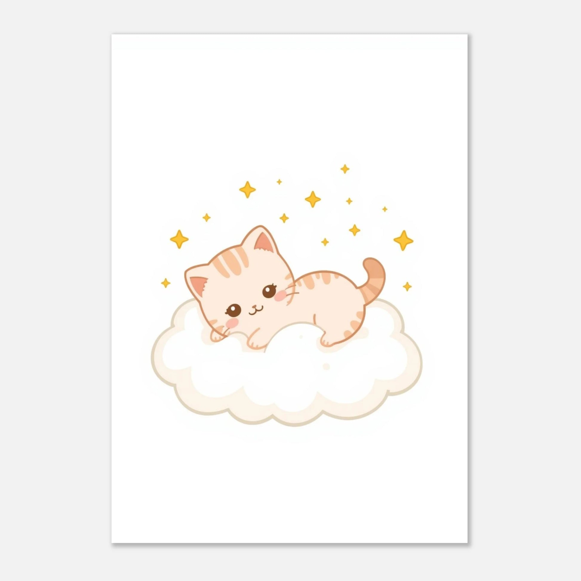 Liten kattunge som drömmer på ett moln – minimalistisk djurposter
