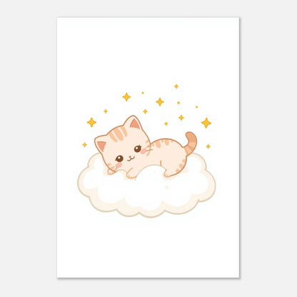 Liten kattunge som drömmer på ett moln – minimalistisk djurposter