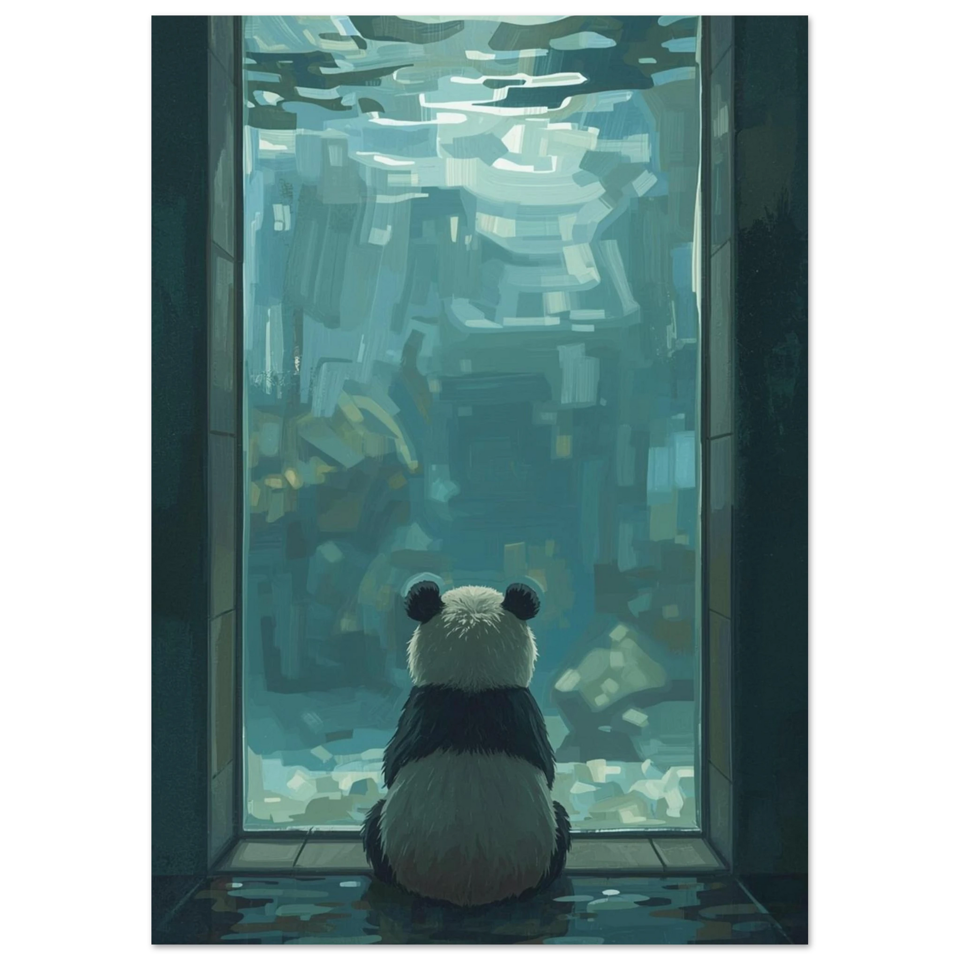 Konstnärlig illustration av en panda vid en regnig glasruta, djurmotiv